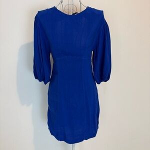 Zara Blue Linen Blend Open-Back Mini Dress with Bow Tie & Puff Sleeves XS
